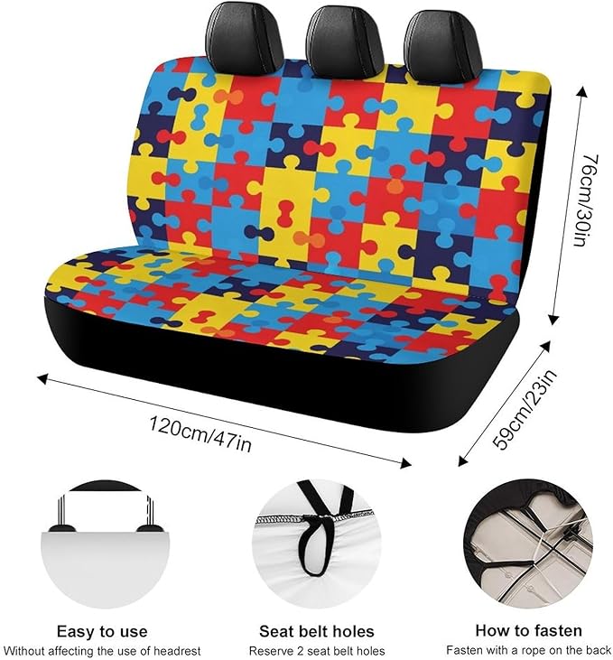 Women's Dirt Proof Dog Car Back Seat Cover, Fashion Universal Fit Auto Bench Seat Cushion Covers for Trucks SUV Compatible with Autism Awareness Colorful Puzzles