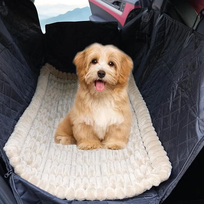 2-in-1 Dog Car Seat Cover & Dog Car Pet Bed Mat for Back Seat, Waterproof Pet Hammock with Soft Plush Cushion, Nonslip Backseat Protector for Dogs, Fits Cars SUVs Trucks