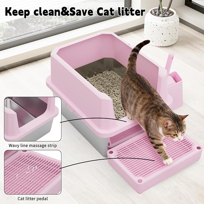 RIZZARI Cat Litter Box: Pink Stainless Steel Odor Control Pan - Easy Clean Non-Porous - 11.6" High Sides Anti-Scatter - Open Top for Fast Scooping - with Scoop - Apartment Bathroom/Laundry Room