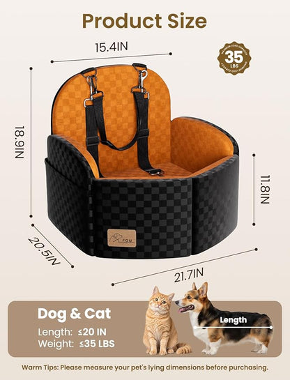 Dog Car Seat for Small/Medium Dogs Up to 35 lbs, Elevated Memory Foam Dog Booster Seat with 2 Safety Belts, Travel Safety Pet Car Seat with Detachable Washable Cover and Storage Pockets (Black/Brown)