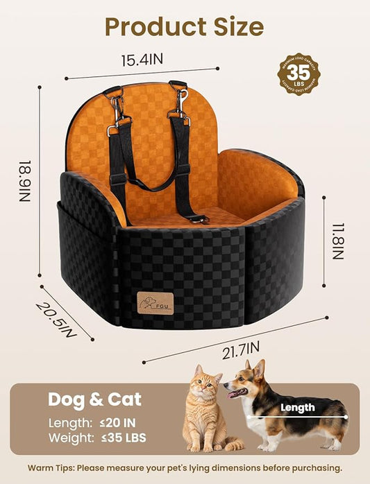 Dog Car Seat for Small/Medium Dogs Up to 35 lbs, Elevated Memory Foam Dog Booster Seat with 2 Safety Belts, Travel Safety Pet Car Seat with Detachable Washable Cover and Storage Pockets (Black/Brown)