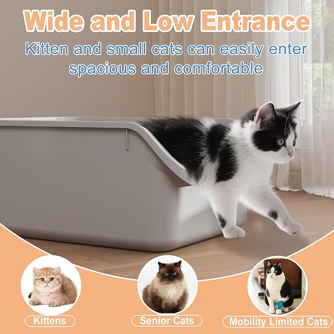 Cat Litter Box with High Sides Anti-Splashing for Indoor Cats Low Entry Kitty Litter Boxes (Grey)