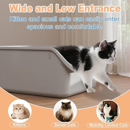 Cat Litter Box with High Sides Anti-Splashing for Indoor Cats Low Entry Kitty Litter Boxes (Grey)