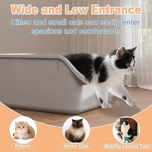 Cat Litter Box with High Sides Anti-Splashing for Indoor Cats Low Entry Kitty Litter Boxes (Grey)