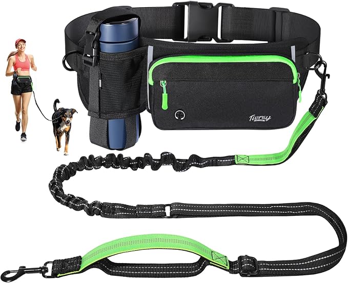 Hands Free Dog Leash, Adjustable Waist Leash for Walking with Dual Bungees Padded Handle, Shock Absorbing Hands Free Belt for Small Medium-Sized Dogs Outdoor Activities, Black + Green