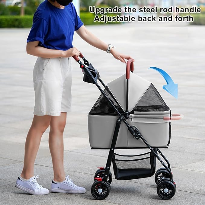 Pet Stroller-Folding 4 Wheels Cat/Dog Stroller for Medium Small Pets with Storage Basket and Cup Holder Suitable for Going Out and Traveling (Grey)