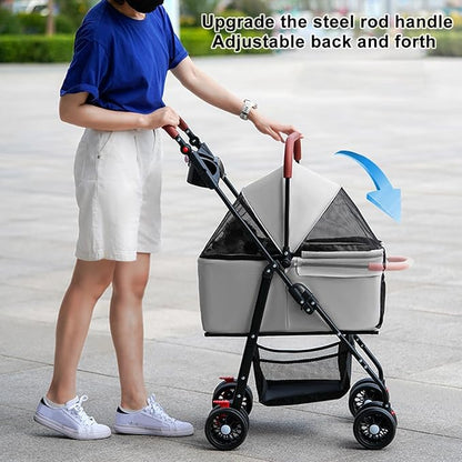 Pet Stroller-Folding 4 Wheels Cat/Dog Stroller for Medium Small Pets with Storage Basket and Cup Holder Suitable for Going Out and Traveling (Grey)
