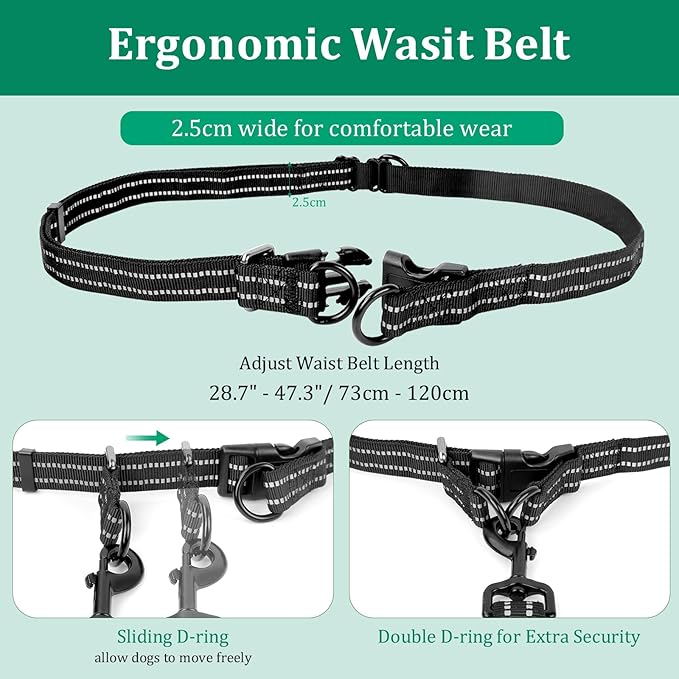Philorn Hands Free Dog Leash for 2 Dogs, Adjustable Waist Leash for Medium Large Dogs Walking, Running, Jogging, Hiking, Dual Handles and Durable Bungee