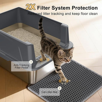 FURTIME Stainless Steel Cat Litter Box with Lid, Metal Kitty Litter Box for Small Cats, Kitten Litter Boxs with Scoop and Mat, Non-Sticky, Anti-Leakage, Easy to Clean, 17"x13"x8.4" (Small)