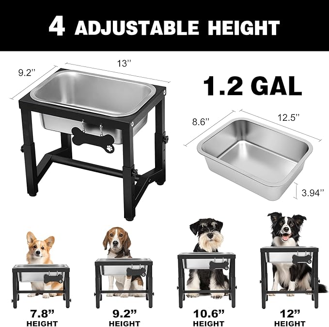 1.2 Gallon Elevated Large Dog Water Bowl, 4 Adjustable Height 7.8'',9.2'',10.6'',12''Raised Stainless Steel Bowl Stand for Small/Medium/Large Breed, Metal Dog Feeding Station for Relief Joint Pressure