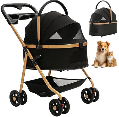 Pet Stroller for Small Dogs & Cats, Foldable for Small/Medium Dog Cat to 50 lbs, Removable Carrier, Storage Basket, Cup Holder, 3-in-1 Multifunctional Detachable (Black)