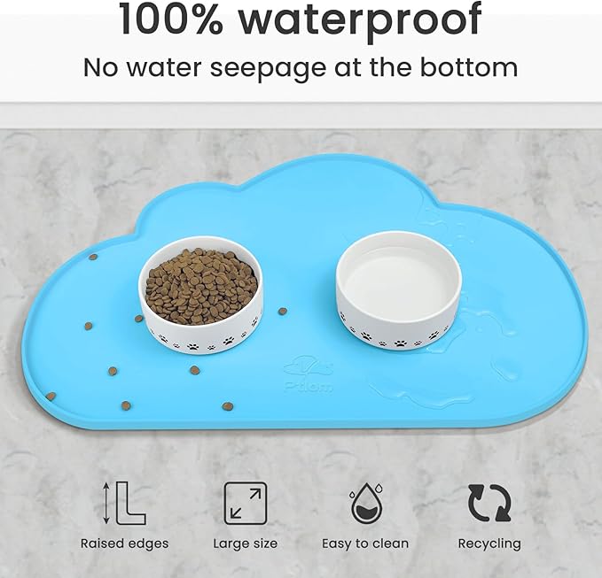 Ptlom Pet Placemat for Dogs and Cats, Non-Slip Waterproof Dog Feeding Mats Prevent Food and Water Overflow, Puppy Bowl Mat Suitable for Small, Medium and Large Pets, Silicone, Sky Blue