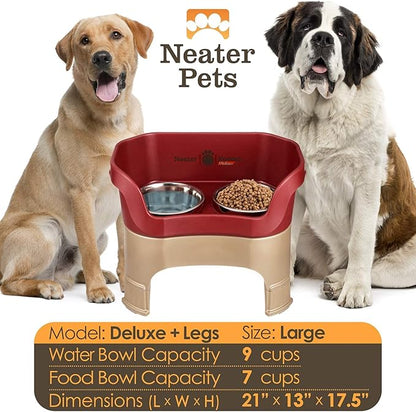 Neater Feeder Deluxe Mess-Proof Elevated Dog Bowls for Large Dogs (40+ lbs), 2 Height Adjustable (14.5” & 17.5”) No-Spill Raised Dog Bowl Stand, Stainless Steel Food Bowl Set, Made in USA, Cranberry