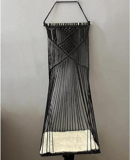 Macrame Hanging Cat Hammock Bed Cat Swing House Space Saving Window Perch with Washed Cotton Cats Toy Tassel Basket Tapestry (Black, Swing Bed+Cushion, XL)