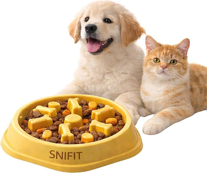 Slow Feeder Bowl for Small & Medium Cats & Dogs - Durable Slow Feeding Bowl with Non-Slip Base -Anti-Choking Puzzle Food Bowl for Dogs That Helps Mental Stimulation & Reduces Fast Eating-Yellow