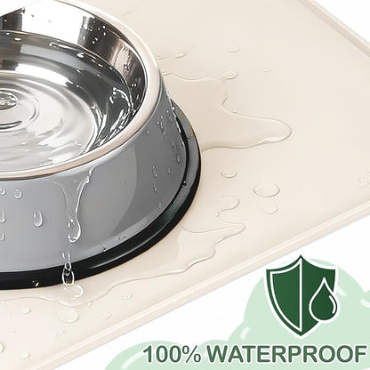 100% Waterproof Silicone Pet Feeding Mat,Warped Resistant Raised Edge BPA-Free Dog Cat Food Mats, Non-Slip Pet Placemat with High Lip to Prevent Spills, Dishwasher Safe, 21.5"x14" Beige
