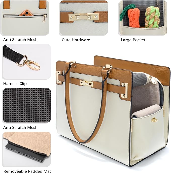 2-in-1 Stylish Dog Purse Carrier Soft-Sided Carriers Travel Tote Bag for Small Dogs Cats, Fashion Foldable Pet Bag for Puppies Small Animals with Pockets (Beige+Brown, 15" L x 7.5" W x 12.2" H)