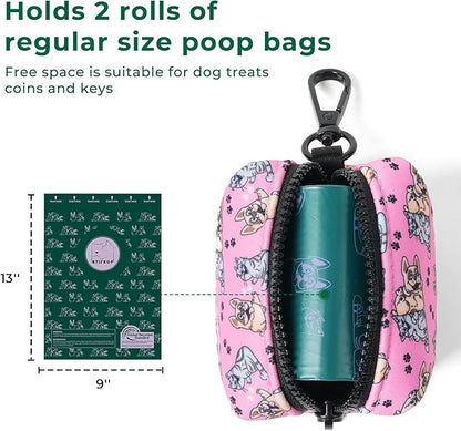 ATIFBOP Dog Poop Bag Dispenser with 30 Bags, Poop Bag Holder Fit All Dog Leashes, Soft and Big Capacity Doggy Bags Refill Carrier (Pink)