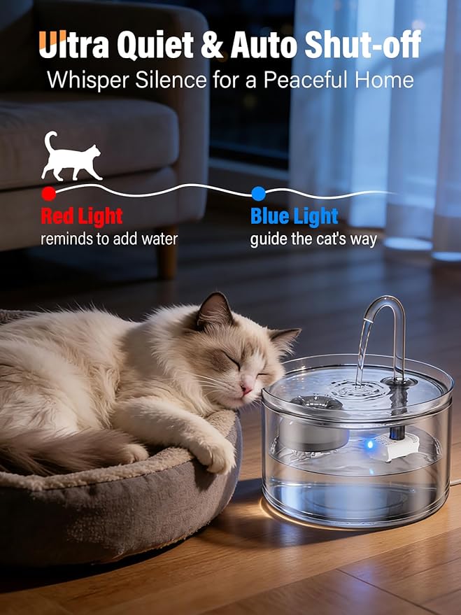 Cat Water Fountain, 74oz/2.2L Glass Automatic Water Fountain with Ultra-Quiet Auto Shut-Off Pump, Easy to Clean Pet Water Dispenser for Cats, Kittens Indoor (with 4 Filters)
