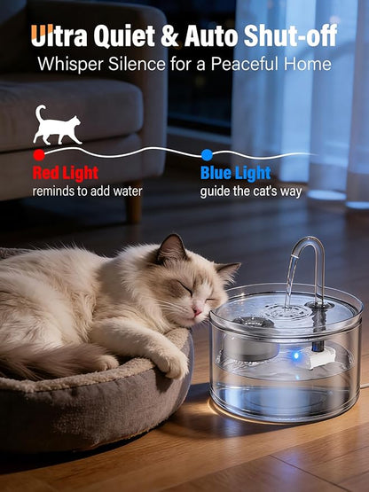 Cat Water Fountain, 74oz/2.2L Glass Automatic Water Fountain with Ultra-Quiet Auto Shut-Off Pump, Easy to Clean Pet Water Dispenser for Cats, Kittens Indoor (with 4 Filters)