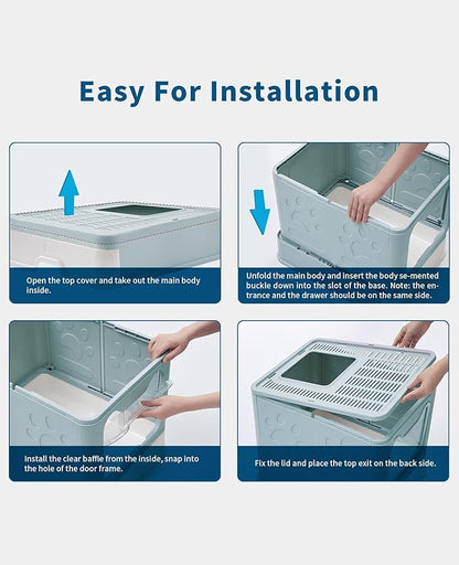 Cat Litter Box with Litter Mat and Scoop, Large Covered Litter Box with Lid, Front Entry Top Exit Kitty Box, Odor Control, Easy to Clean (Blue)