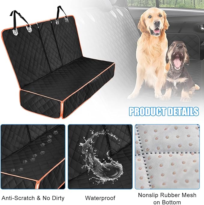 Dog Car Back Seat Cover, Waterproof Scratch-Resistant 600D Heavy Duty Vehicle Pet Bench Seat Protector, Non Slip Automotive Interior Backseat Cushions, Universal for SUV Sedan Truck (Orange)