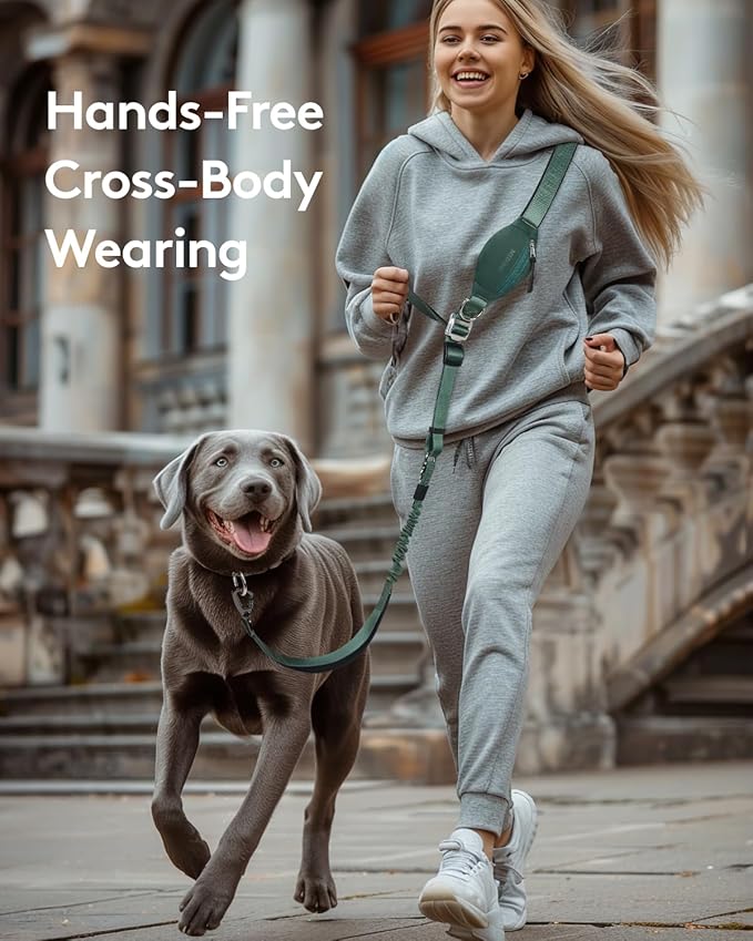 MIDOG Multifunctional Dog Leash Hands Free for Large Dogs - Adjustable Waist Leash with Zipper Pounch& Bungee Cord for Jogging/Running/Walking(4-7FT,Green)