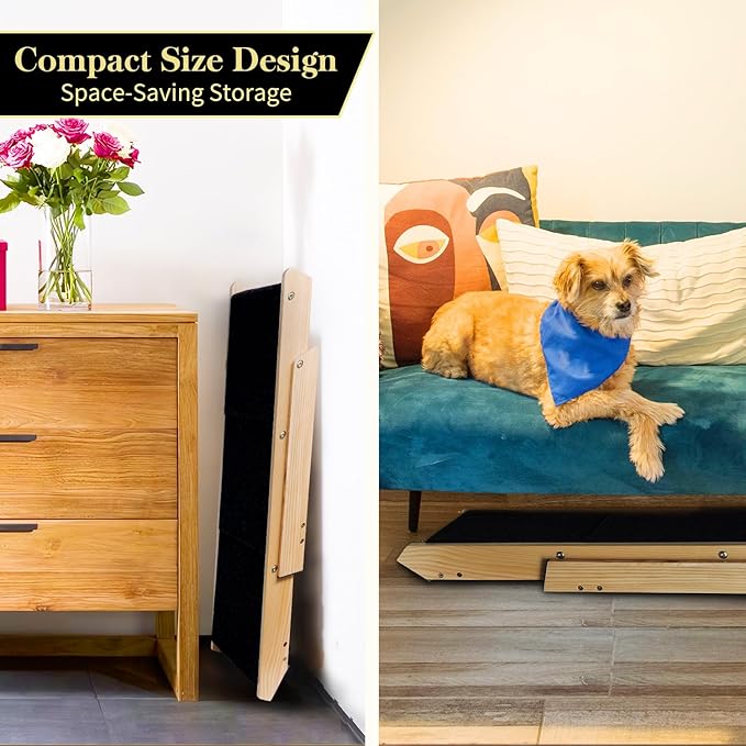 BRIKY 19.5" H Dog Stairs for Small Dogs, Non-Silp Wooden Dog Steps for Bed and Couch, Foldable 3-Step Pet Stairs for Medium Dogs and Old Cats, No Assembly Required
