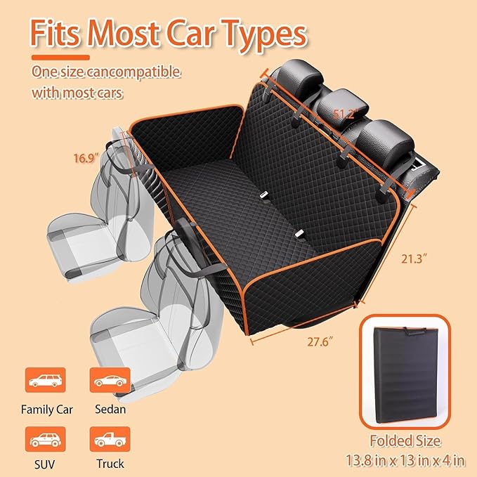 Back Seat Extender for Dogs - Large Space, Waterproof Dog Car Seat Cover for Back Seat with Hard Bottom Holds 420lbs, 600D Heavy-Duty Upgraded Material Dog Hammock for Car, Easy to Use and Clean