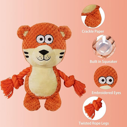 Cute Animals Interactive Squeaky Dog Toy with a Vocal Bladder, Crinkle Paper Stuffed Soft Cotton Chew Toy, Teething Rope Tug of War Pull Toy to Keep Them Busy for Puppy, Small Dogs - Orange Tiger