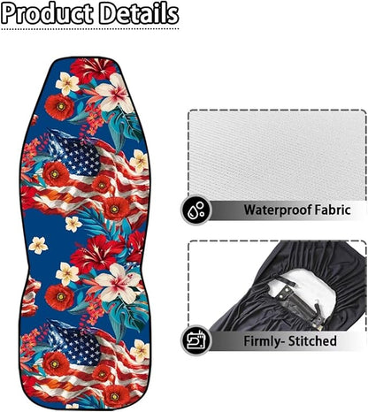 250th Anniversary Waterproof Car Seat Cover Front Seats Only Anti-Slip Back Fabric Automobile Front Seat Covers American Flag Flower Car Accessory Universal Fit for Truck SUV Van Sedan