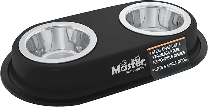Master Pet Supply Double Dog Bowls Set with Elevated Base and 2 (8 oz) Stainless Steel Removable Dishes (Black Velvet) – Double Cat Food Water Bowl, Dog Puppy Food Bowl Set, Rust Resistant