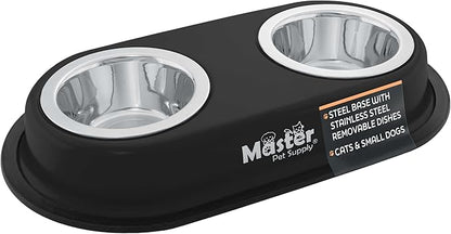 Master Pet Supply Double Dog Bowls Set with Elevated Base and 2 (8 oz) Stainless Steel Removable Dishes (Black Velvet) – Double Cat Food Water Bowl, Dog Puppy Food Bowl Set, Rust Resistant