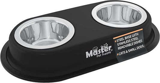 Master Pet Supply Double Dog Bowls Set with Elevated Base and 2 (8 oz) Stainless Steel Removable Dishes (Black Velvet) – Double Cat Food Water Bowl, Dog Puppy Food Bowl Set, Rust Resistant