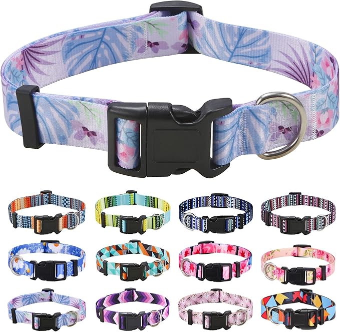 Dog Collar with Bohemia Floral Tribal Geometric Patterns - Soft Ethnic Style Collar Adjustable for Small Medium Large Dogs (Purple Flower, S)