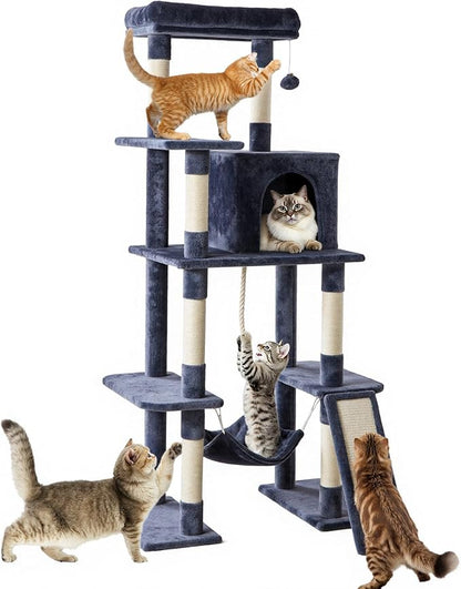 DUMOS Large 63in Cat Tree Tower, Multi Level Cat Climbing Tower with Condo, Natural Sisal Scratching Posts, Extended Platform, Hammock, Pet House for Indoor Cats and Kittens Play, Dark Grey