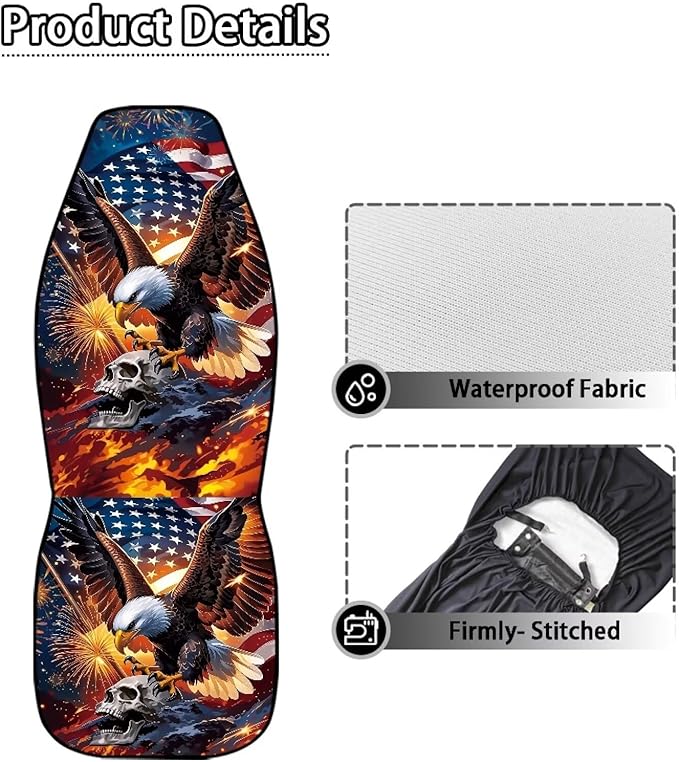 Car Seat Covers Set of 2 Waterproof Universal Skull Eagle Anniversary Front Car Seats Easy to Install Removable Automotive Accessories Suitable Fits Most Car Auto SUV Sedan Truck
