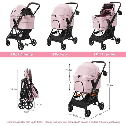 NO-Zip Pet Stroller for Small Dogs & Cats, Lightweight Dog Stroller with Reflective Safety Strips, One-Hand Fold, Claw-Proof Mesh, Breathable Travel Carriage, 33lbs Capacity, Pink