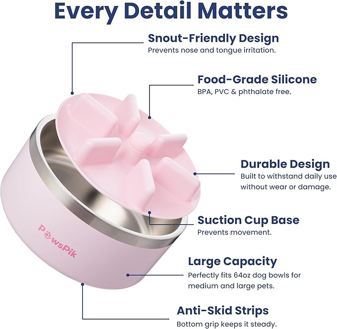 PawsPik 64oz 18/8 Stainless Steel Slow Feeder Dog Bowl, Double-Wall Non-Slip Metal Dog Bowl for Fast Eating Medium & Large Breeds, Detachable Slow Feeder Insert, Dishwasher Safe (Cherry Blossom Pink)