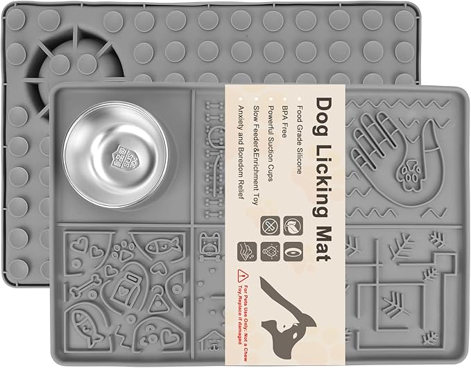 Lick Mat for Dogs Large Breed,Silicone Dog Licking Pad with Strong Suction Cups&Stainless Steel Bowl for Dog Anxiety Relief,Dogs Enrichment Toys for Bathing,Grooming,Training Grey