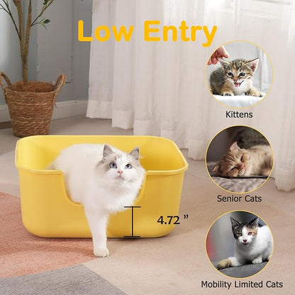Large Cat Litter Box with High Sides,Cat Boxes for Indoor Cats,Cat Litter Pan for Kitty,Litter Box with Low Entry,Easy to Clean,Anti-Splashing (White-Long Side Entry)