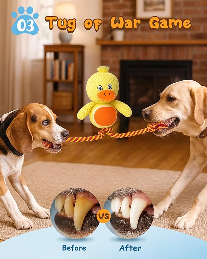 Swooflia Durable Squeaky Dog Toy - Interactive Plush Cute Duck with Rope Legs, Teeth Cleaning Tug Toy for Small Medium and Large Dogs, Puppy Chew Toy for Training and Play