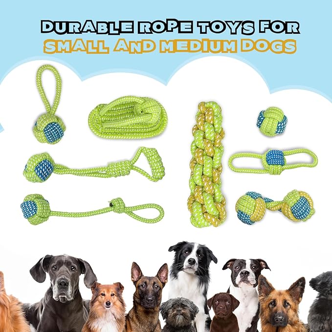 Dog Rope Toys for Small and Medium Dogs Durable Chew Toys for Aggressive Chewers Handwoven Interactive Tug of War and Fetch Toys for Teeth Cleaning, Stress Relief, Training (8Pcs, Ball and Slippers)