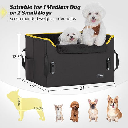 PETSFIT Dog Booster Car Seat, Dog Car Seats for Medium Sized Dogs or 2 Small Pets with 2 Safety Leashes and Patented Buckles, Carseat for Dogs with Storage Pockets for Pets Under 45Lbs (Black)