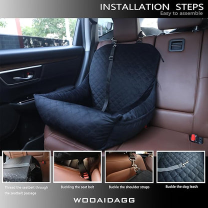 Wooaidagg Dog Car Seat for Small Dogs Up to 25 lbs,Covered Ultra-Soft Fabric and Fill in Memory Foam,Fully Detachable and Washable,2 Clip-On Safety Leashes and Storage Pockets(Black)