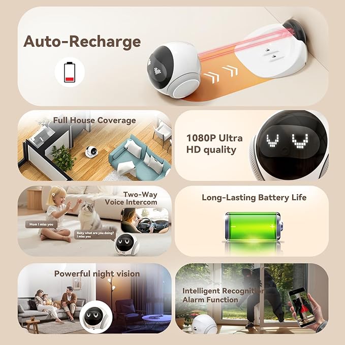 AEZ Pet Camera 1080P HD Lens Cat/Dog Camera Robot,Indoor Movable with Auto-Recharge, 2-Way Audio,Blinky Bot with Night Vision,Smart App Control for Cats/Dogs/Baby/Elderly (SD/Cloud Storage)
