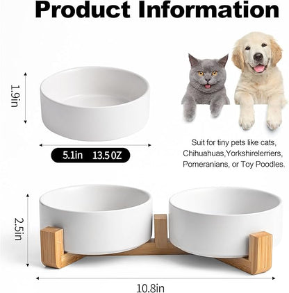 Kimdio Ceramic Dog Bowls with Wood Stand, 13.5OZ Pet Bowls Set of 2 for Medium Small Dogs and Cats - Non-Slip Base Cute Pet Food & Water Basic Bowls Glaze Matte-White