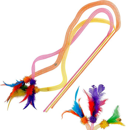 Interactive Cat Wand Toy 3 Pack, Woven Mesh Fishing Pole with Feathers Bell & Pom Pom, Teaser Wand for Bored Indoor Cats and Kittens, Exercise Toy to Stimulate Hunting Instinct — Pink Yellow Orange