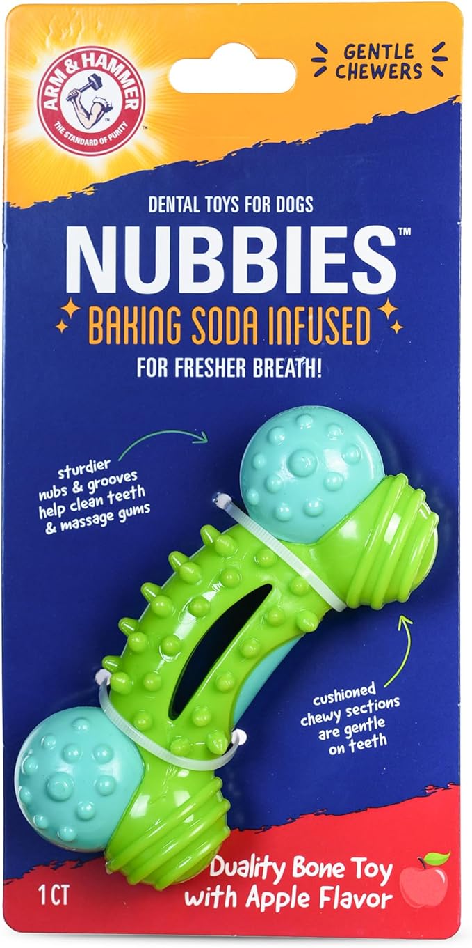 Arm & Hammer Nubbies Duality Bone, A Dental Chew Toy for Dogs - Nubby Pet Toy Cleans Teeth to Reduce Plaque & Tartar with Baking Soda, Green Apple Flavor Dog Bone for Moderate Chewers