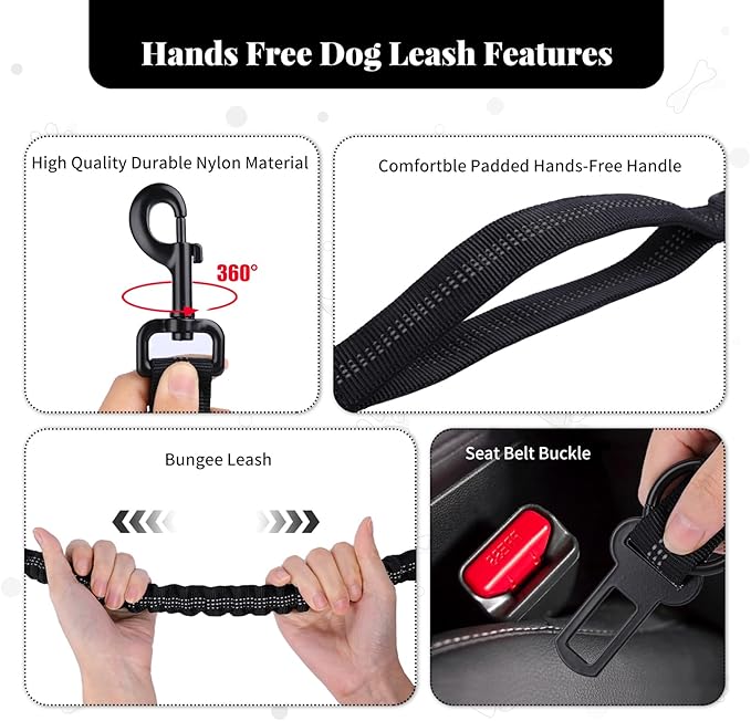 Heavy Duty Multifunctional Adjustable Hands Free Dog Leash - Durable Reflective Stitches, Car Safety Buckle Waist Leash for Dog Walking, Running, Hiking - 5-7FT